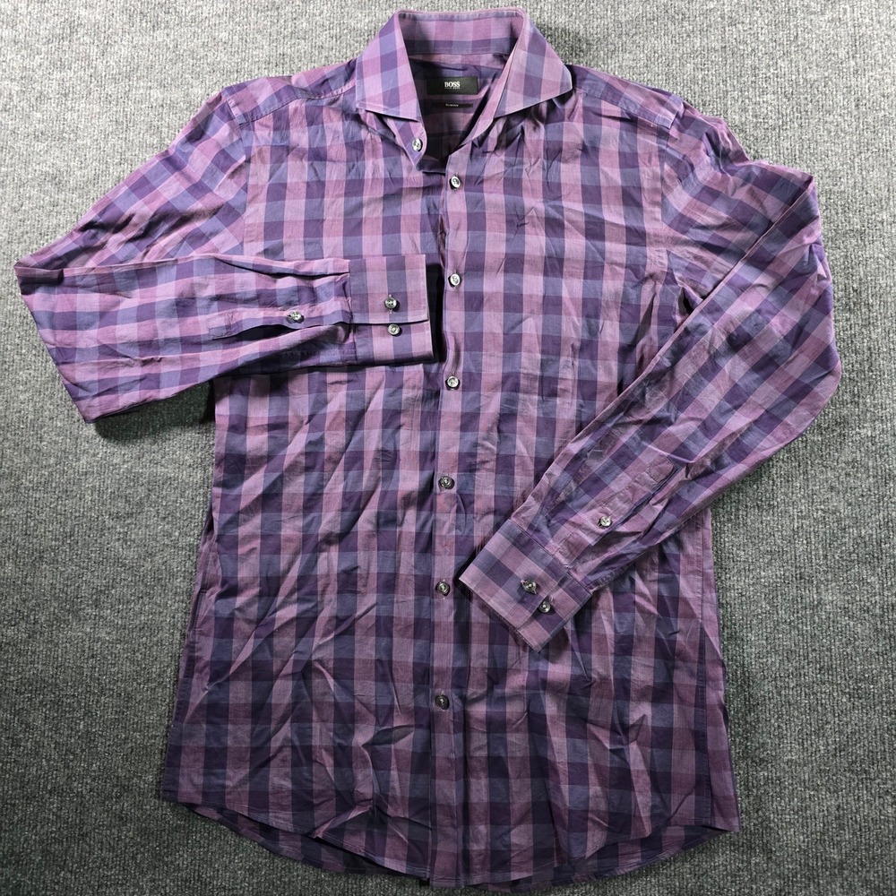 Hugo Boss Slim Fit Dress Shirt Mens 15 38 Purple Gingham Italian Fabric Long Slv